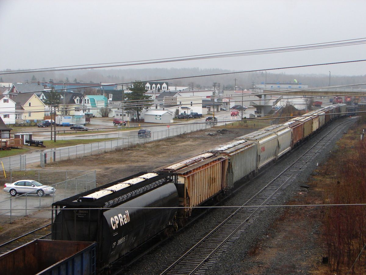 Houses and rail yard in Chapleau, Ontario, on a grey day